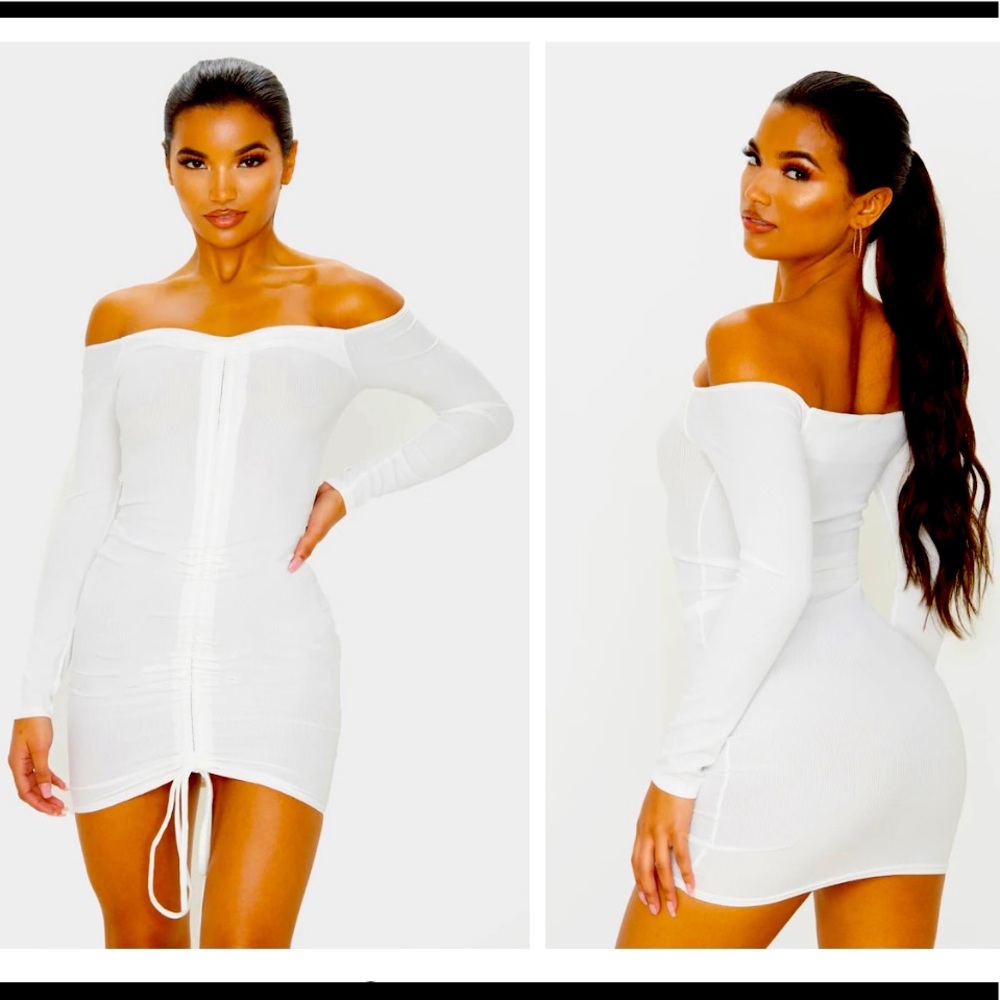 Pretty Little Thing White Ruched Bodycon Dress NWT